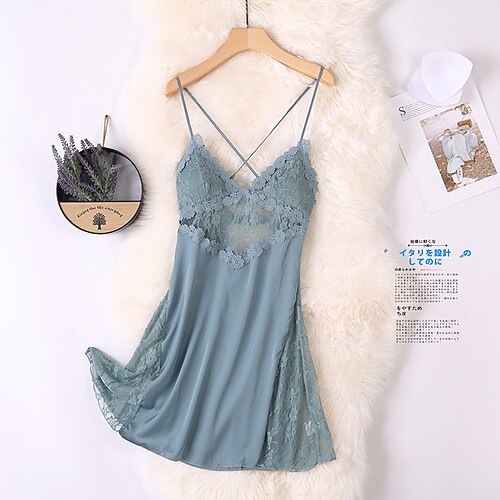 

Women's Pajamas Nightgown Dress Nighty Pure Color Comfort Sweet Home Bed Satin Straps Sleeveless Backless Chest pads Spring Summer Blue Pink / Silk / Pjs
