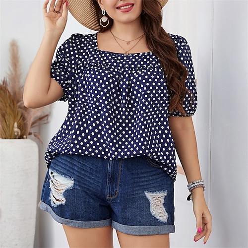 

Women's Plus Size Tops Blouse Shirt Polka Dot Print Short Sleeve Square Neck Streetwear Daily Back to School Polyester Spring Summer Blue