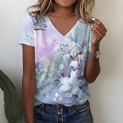 

Women's T shirt Tee Blue Floral Print Short Sleeve Casual Holiday Basic V Neck Regular Floral Painting S / 3D Print