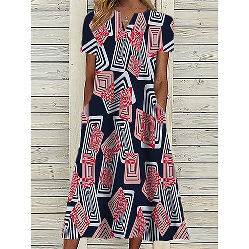 

Women's A Line Dress Midi Dress White Black Red Short Sleeve Geometric Pocket Print Spring Summer V Neck Casual Vacation 2022 S M L XL XXL 3XL