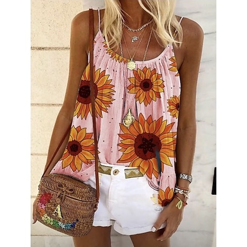 

Women's Camisole Tank Top Camis Green Blue Purple Sunflower Print Sleeveless Holiday Weekend Streetwear Casual U Neck Regular Floral S / 3D Print