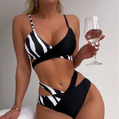 

Women's Swimwear Bikini 2 Piece Normal Swimsuit Open Back Printing Hole Striped Black Camisole Strap Bathing Suits New Vacation Fashion / Sexy / Modern