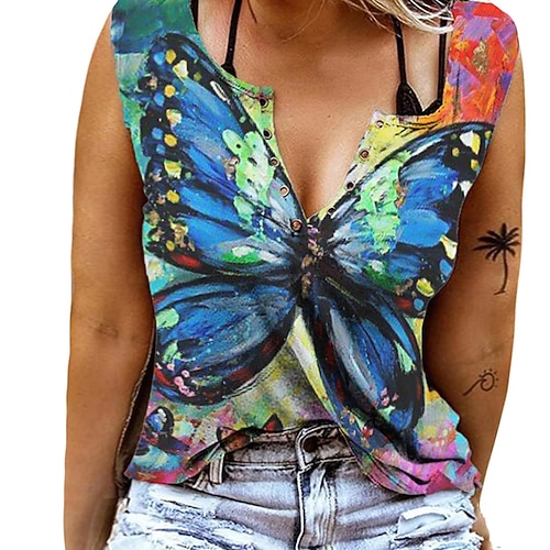 

Women's Plus Size Tops Tank Top Floral Butterfly Print Sleeveless V Neck Streetwear Daily Going out Polyester Spring Summer Blue Purple