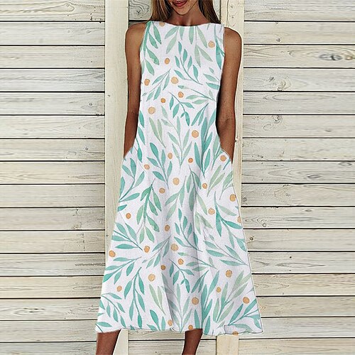 

Robe mi-longue Femme Robe casual Sans Manches Printemps Eté Poche Imprimer Floral Dégradé de Couleur Col Ras du Cou 2022 Vert Bleu S M L XL XXL 3XL