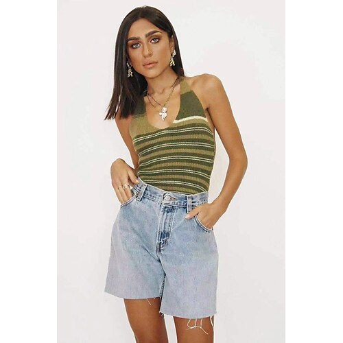 

Women's Holiday Weekend Tank Top Camis Striped Sleeveless Backless Crochet Halter Neck Casual Streetwear Tops Green Blue S