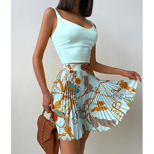 

Women's Crop Top Tank Top Skirt Sets Basic Light Green Casual Vacation Pleated Print V Neck S M L XL