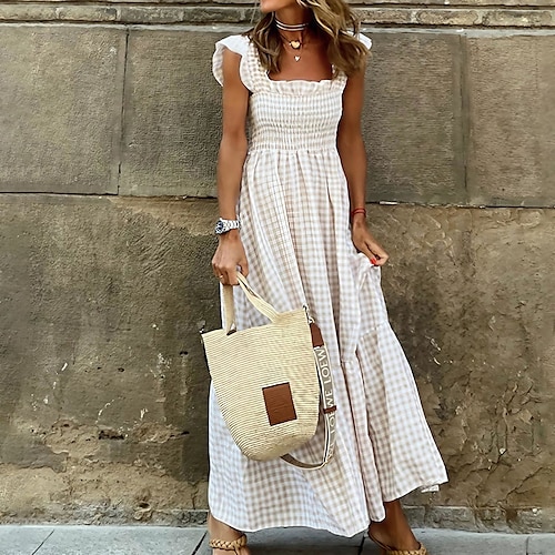 

Women's Casual Dress Swing Dress Long Dress Maxi Dress White Sleeveless Plaid Ruffle Spring Summer Square Neck Weekend 2022 S M L XL