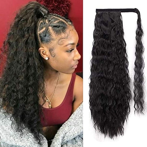 

Wave Ponytail Extension 22Inch Wavy Curly Hair Extension Magic Paste Ponytail Heat Resistant Wavy Curly Synthetic Natural Wavy Pony Tail for for White Black Women Daily Use