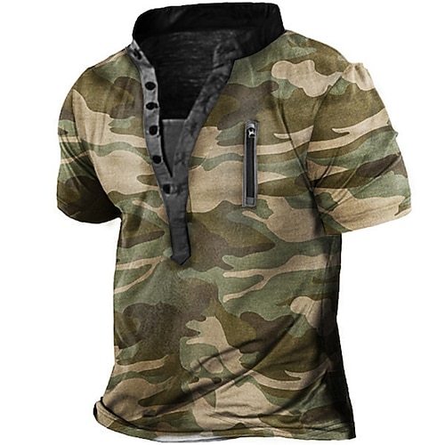 

Men's T shirt Tee Henley Shirt Tee Graphic Camo / Camouflage Stand Collar Army Green 3D Print Plus Size Outdoor Daily Zipper Button-Down Clothing Apparel Basic Fashion Casual Big and Tall / Summer