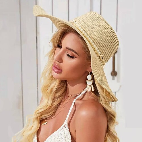 

New Women Summer Visors Hat With Bead Decoration Sun Hat Beach Hats Straw Hat Femme Seaside Holiday Wide Brim Hat
