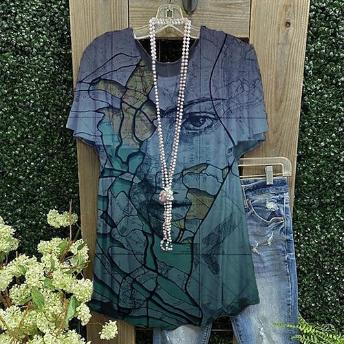 

Women's Floral Portrait Casual Holiday Weekend Floral Portrait Painting T shirt Tee Short Sleeve Print Round Neck Basic Essential Tops Green White Blue S / 3D Print