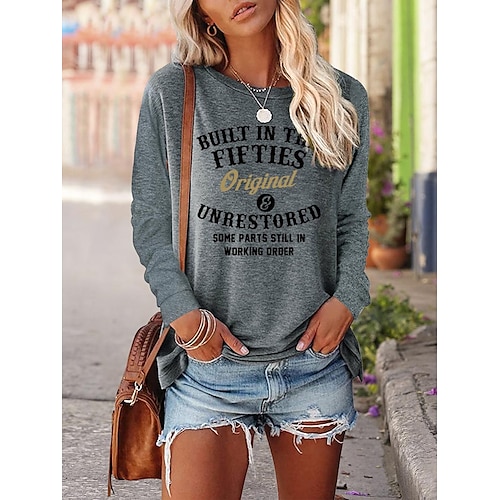 

Women's T shirt Tee Letter Casual T shirt Tee Long Sleeve Print Round Neck Hawaiian Loose Green Black Blue S