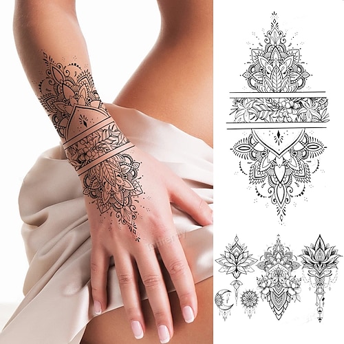 

4 pcs fake henna tattoo mandala lotus flowers jewery arabic indian egyptian tattoo sleeve hand finger breast tatoo black waterproof