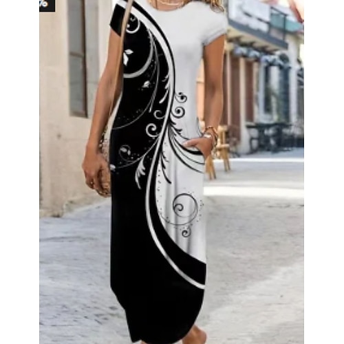 

Robe mi-longue Femme Robe Droite Manche Courte Printemps Eté Patchwork Bloc de couleur Col V 2022 Noir et Blanc S M L XL XXL 3XL