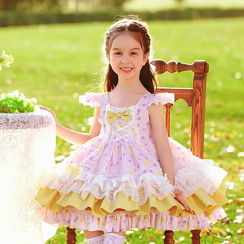 

Kids Girls' Dress Floral A Line Dress Knee-length Dress Party Ruched Short Sleeve Cute Dress 2-8 Years Spring Purple