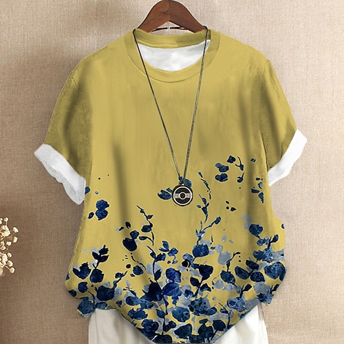 

Women's Plus Size Tops T shirt Tee Floral Print Short Sleeve Crewneck Streetwear Daily Sports Cotton Spandex Jersey Spring Summer Green White