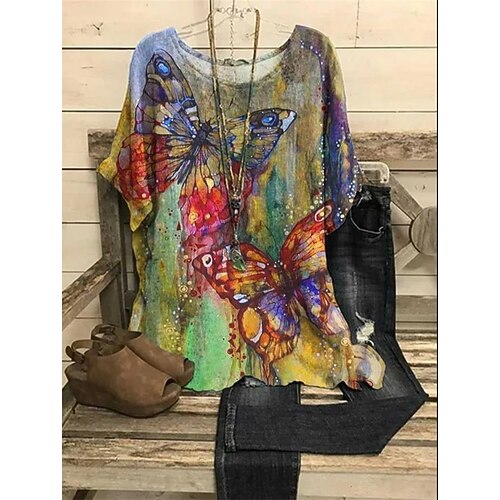 

Women's Casual Daily Holiday Butterfly T shirt Tee Short Sleeve Print Round Neck Basic Essential Tops Loose Rainbow S / 3D Print
