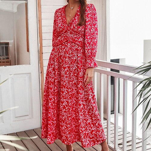 

Women's A Line Dress Maxi long Dress Green Yellow Red Long Sleeve Floral Print Spring Summer V Neck Casual 2022 S M L XL