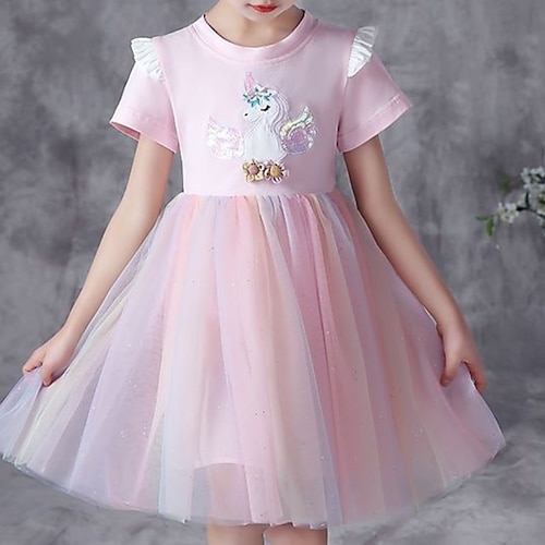 

Meninas Vestido A Line Manga Curta Unicórnio Gráfico impresso em 3D Vestidos Princesa Doce Altura dos Joelhos Algodão Tule Vestido Verão Primavera Infantil Espetáculo Festa Normal Com Transparência