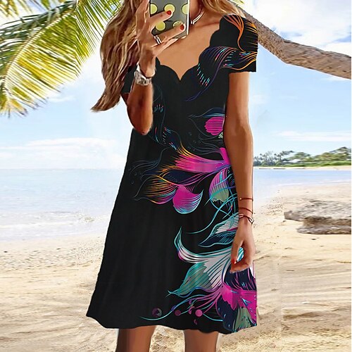 

Mujer Vestido informal Vestido de cambio Negro Azul Piscina Manga Corta Floral Estampado Primavera Verano Escote en Pico 2022 S M L XL XXL 3XL