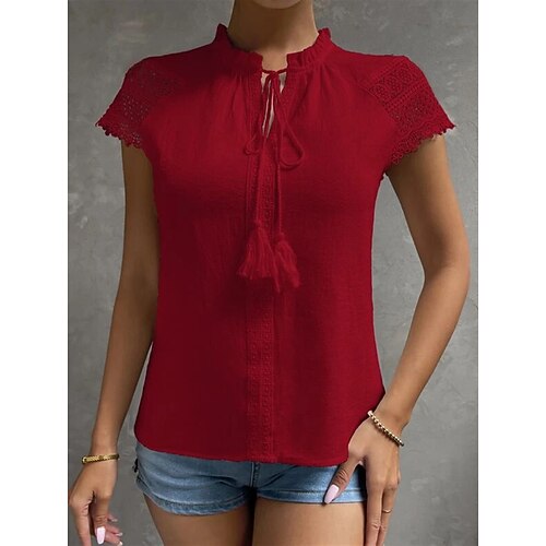 

Women's Daily Weekend Blouse Shirt Plain Short Sleeve Lace up Lace Standing Collar Casual Streetwear Tops White Blue Yellow S