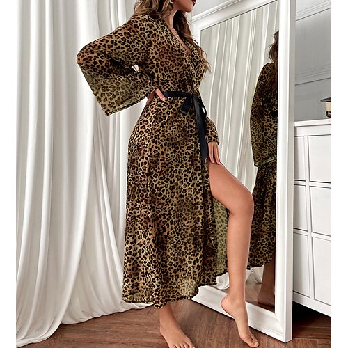 

Women's Pajamas Robes Gown Bathrobes Nighty Leopard Fashion Ultra Slim Soft Home Daily Beach Spandex Plunging Neck Long Sleeve Adjustable Belt Included Spring Summer Black / Pjs / Sexy