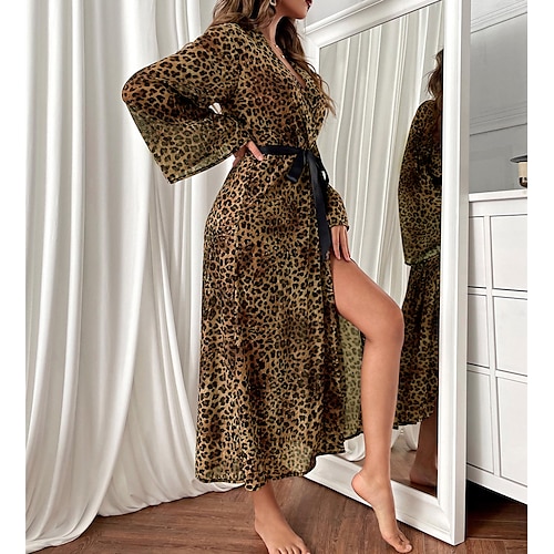 

Women's Pajamas Robes Gown Bathrobes Nighty Leopard Fashion Ultra Slim Soft Home Daily Beach Spandex Plunging Neck Long Sleeve Adjustable Belt Included Spring Summer Black
