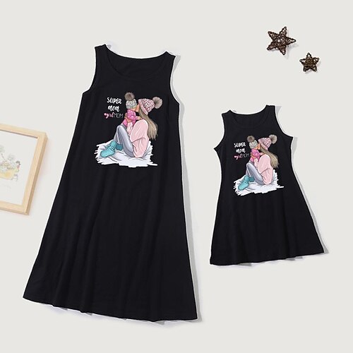 

Mommy and Me Dresses Cartoon Letter Daily Print Black Sleeveless Knee-length Tank Dress Casual Matching Outfits