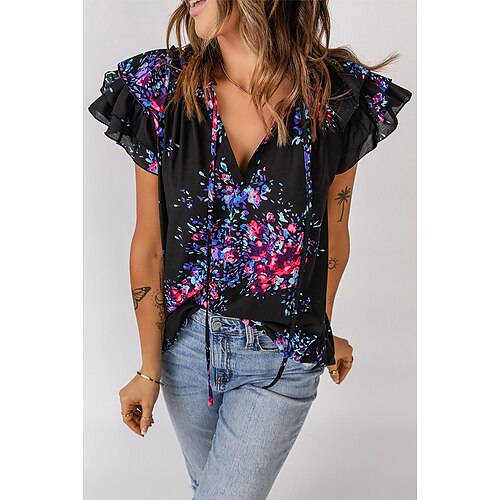 

Women's Daily Weekend Blouse Shirt Tie Dye Short Sleeve Ruffle Print V Neck Casual Streetwear Tops Black S / 3D Print