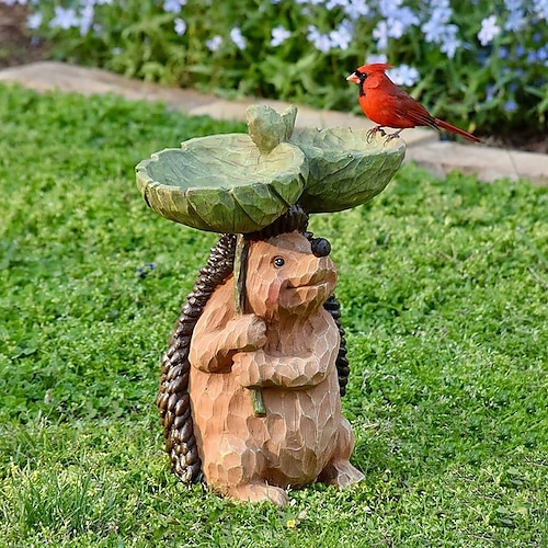 

Outdoor Hedgehog Shape Bird Bath Bowl Resin Pedestal Decoration for Yard Garden Base Feeder Wonderful Outside Decor Best Gift