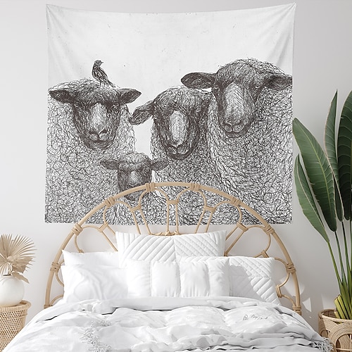 

Black and white hand-painted sheep print tapestry 1 piece