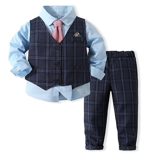 

3 Pieces Toddler Boys Shirt & Pants Clothing Set Outfit Plaid Long Sleeve Cotton Set Gentle Preppy Style Fall Spring 1-5 Years Blue White