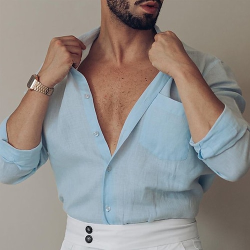 

Men's Shirt Solid Color Turndown Street Casual Button-Down Long Sleeve Tops Casual Fashion Breathable Blue / Summer