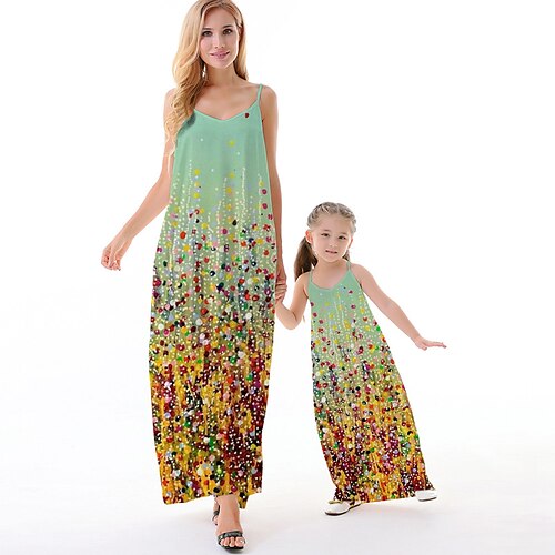 

Mommy and Me Dresses Floral Causal Backless Green Sleeveless Maxi Strap Dress Active Matching Outfits