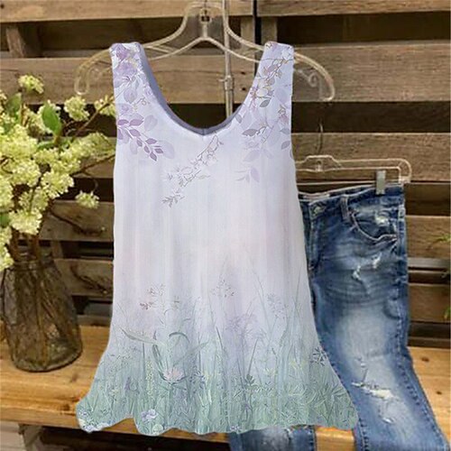 

Women's Plus Size Tops Tank Top Floral Color Gradient Print Sleeveless V Neck Streetwear Daily Holiday Cotton Spandex Jersey Spring Summer White Light Green