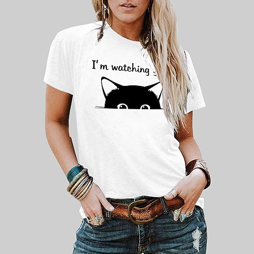 

Damen T Shirt Weiß Hellgrün Rosa Katze Bedruckt Kurzarm Casual Wochenende Basic Rundhalsausschnitt Standard Baumwolle I'm Watching You Katze Farbe S