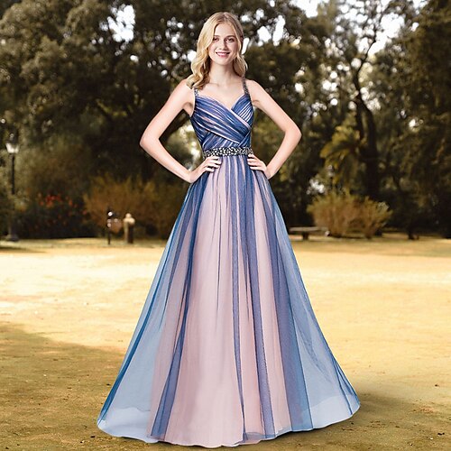 

A-Line Prom Dresses Elegant Dress Wedding Guest Floor Length Sleeveless V Neck Tulle with Sash / Ribbon Pleats 2022