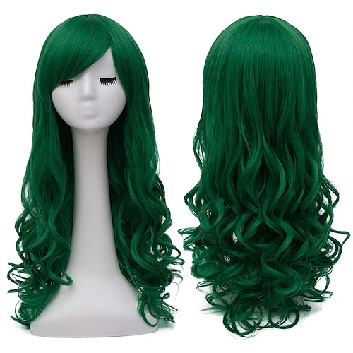 

Green Wigs for Women Long Curly Hair Wig with Bangs Heat Resistant Synthetic Wigs for St Patricks Day Party Halloween BU156GR