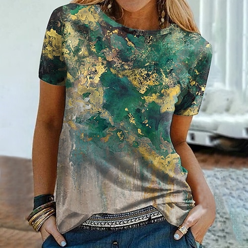 

Women's T shirt Tee Blue Purple Green Tie Dye Print Short Sleeve Casual Weekend Basic Round Neck Regular Abstract Painting S