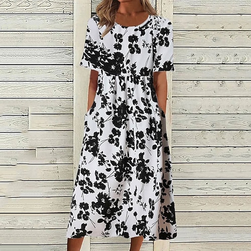 

Women's Shift Dress Swing Dress Long Dress Maxi Dress Black Short Sleeve Floral Pocket Spring Summer Crew Neck Loose Fit 2022 S M L XL XXL 3XL