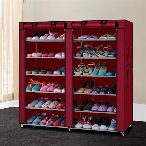 

6-Row 2-Line 12 Lattices Non-woven Fabric Shoe Rack Shoe Rack with Dustproof Cover Shoe Shelf Storage Organizer Wine Red