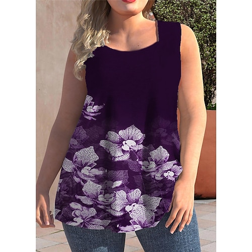 

Women's Plus Size Tops Tank Top Floral Print Sleeveless Strap Streetwear Daily Going out Polyester Spring Summer Green Blue