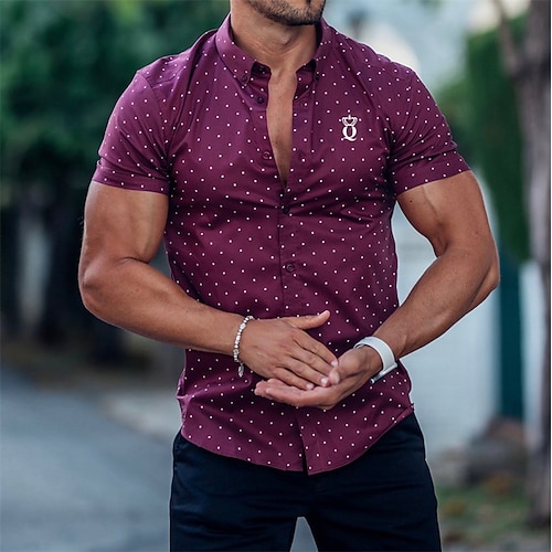 

Men's Designer Shirt Polka Dot Turndown Fuchsia Street Casual Short Sleeve Button-Down Clothing Apparel Fashion Casual Comfortable / Beach