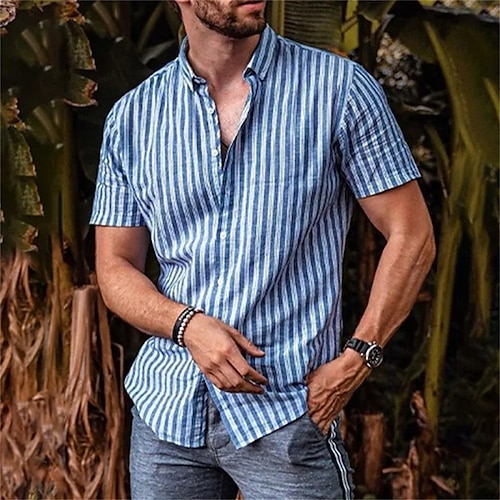 

Men's Shirt Striped Turndown Street Casual Button-Down Short Sleeve Tops Casual Fashion Comfortable Blue