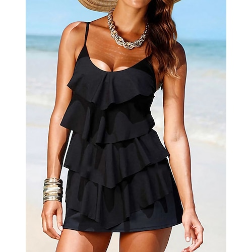 

Women's Swimwear Tankini 2 Piece Plus Size Swimsuit Backless Ruffle Pure Color Black Scoop Neck Bathing Suits New Vacation Holiday / Modern / Strap