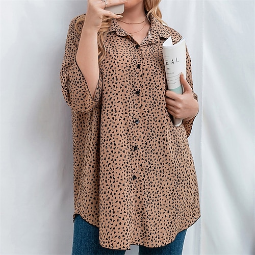 

Women's Plus Size Tops Blouse Shirt Leopard Button Print Half Sleeve Shirt Collar Streetwear Daily Going out Polyester Spring Summer khaki