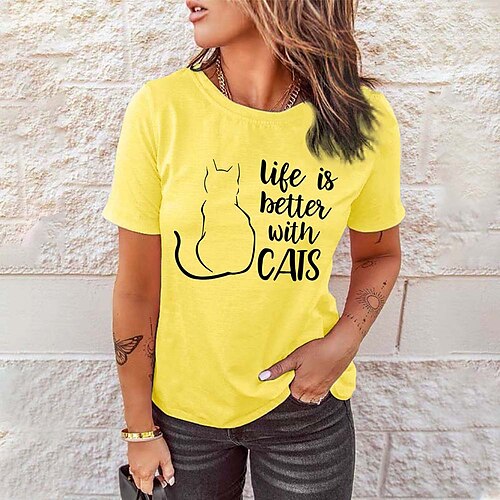 

Women's T shirt Tee Green Pink Yellow Cat Print Short Sleeve Casual Weekend Basic Round Neck Regular Cotton Life Is Better With Cats Cat Painting S