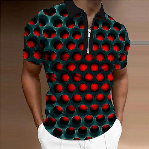 

Men's Collar Polo Shirt Golf Shirt Optical Illusion Turndown Blue Orange Red Gray 3D Print Outdoor Street Short Sleeves Zipper Print Clothing Apparel Fashion Designer Casual Breathable / Summer