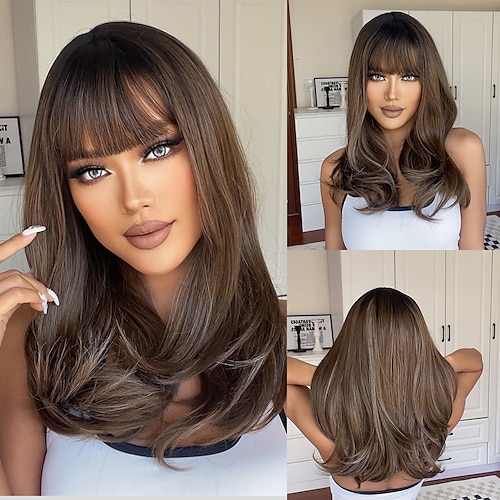 

HAIRCUBE Ombre Brown Long Wavy Wigs With Bangs Auburn Black Wine Wave Synthetic Wigs For Women