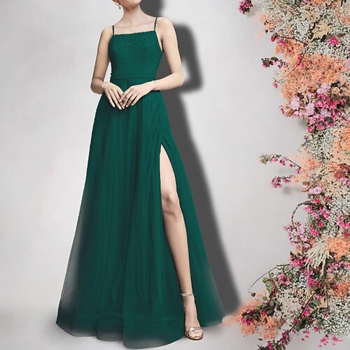 

A-Line Bridesmaid Dress Spaghetti Strap Sleeveless Sexy Floor Length Satin / Tulle with Beading / Split Front 2022